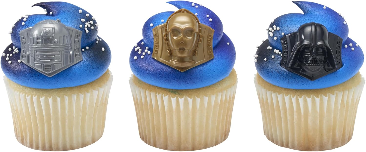 STAR WARS Cupcake Rings, 24 Cupcake Toppers Featuring Darth Vader, C-3PO, And R2-D2, 3D Food Safe Cake Toppers by DecoPac– 24 Pack