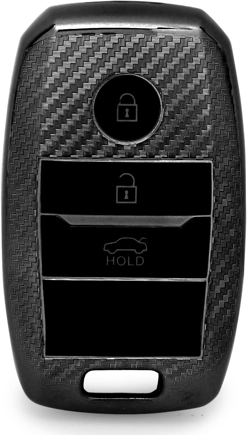 JVCV® Soft TPU Carbon Fiber Style Car Key Cover Compatible with Kia Seltos Sonet Carens 3 Button Push Start Car Key (Black Gun Metal)