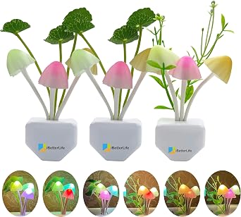 iBetterLife Sensor Night Light Color Changing 3 Pack Plug in Wall LED Mushroom Nightlight with Dusk to Dawn Sensor Auto On/Off Cottage Core Decor Lamp, Super Power Saving