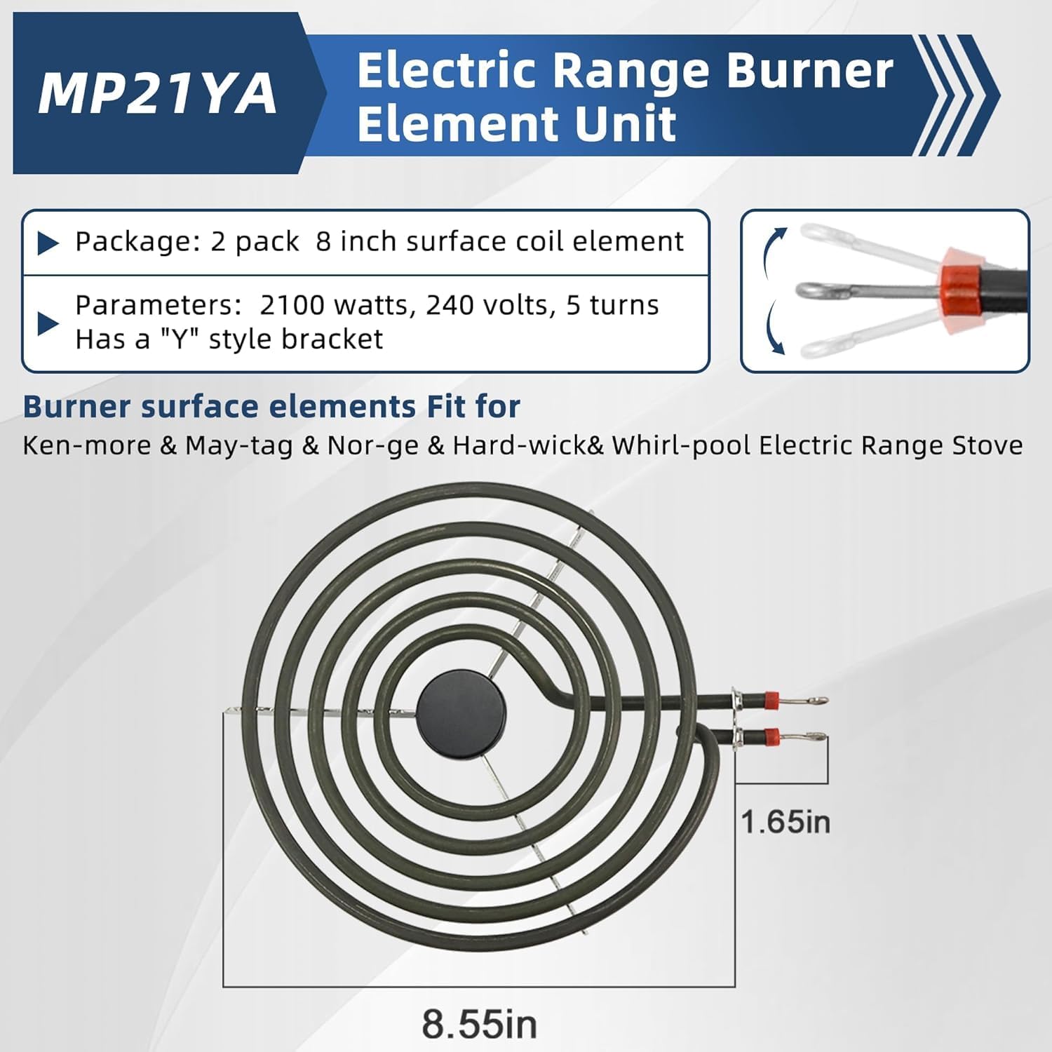 2 Pack MP21YA (8") Electric Range Burner Element Unit Set Replacement Fit for Frigi-daire Whirl-pool Ken-more May-tag Stove Top Burner Replace WPY04100166, 4381750, Y0E00801799, 19950009 By Fetechmate