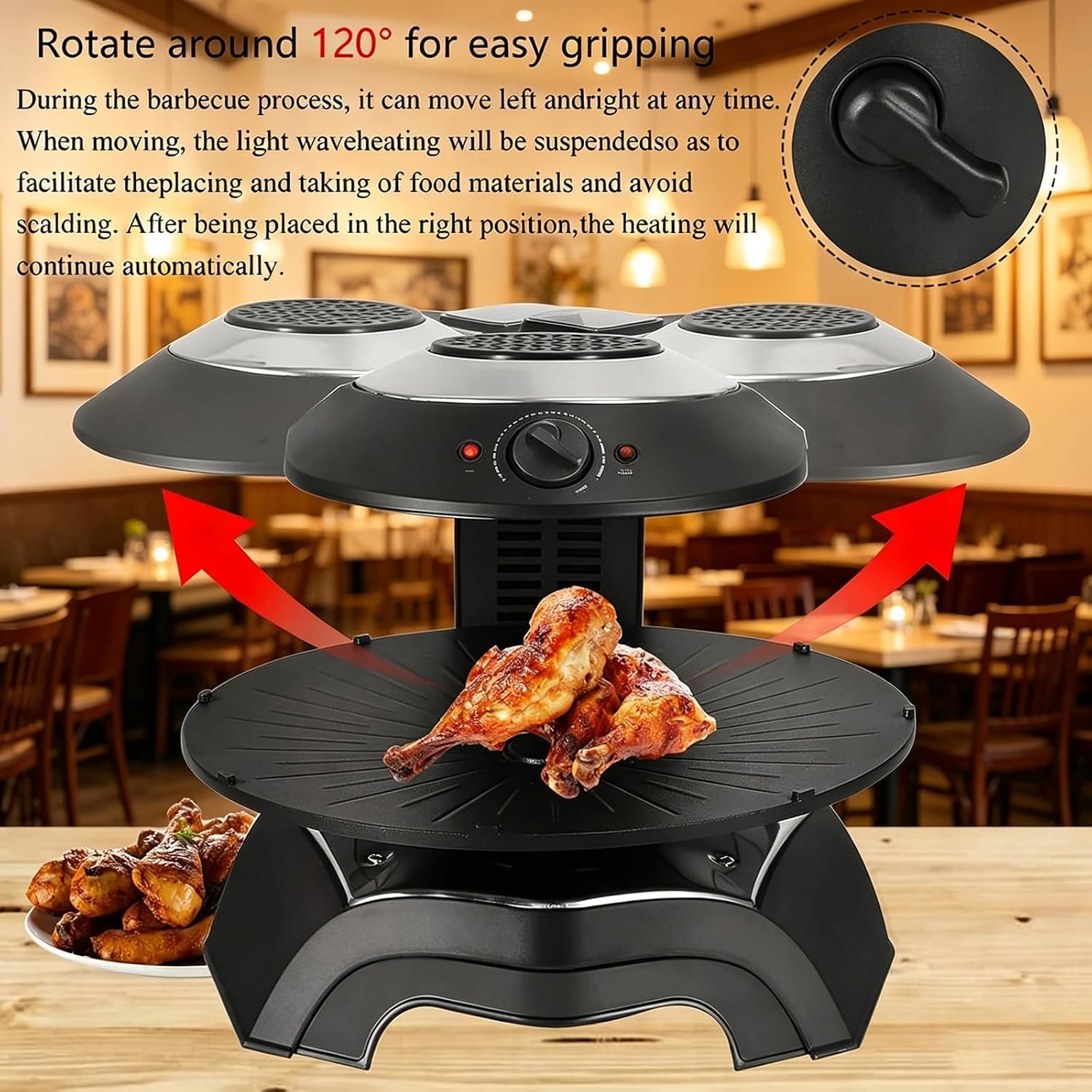Griglia Elettrica Senza Fumo, Barbecue da Interno con Temperatura Regolabile da 80 A 280 °c, Rotazione A 360 °c, Superficie Antiaderente, Ideale per Casa E Ristoranti, Timer da 1 A 80 Minuti.
