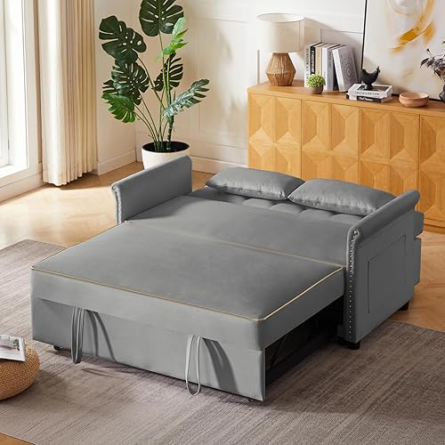 Miniatura 121 de sofá cama de terciopelo de 58 pulgadas, convertible 3 en 1 con bolsa de almacenamiento y respaldo ajustable, perfecto para espacios pequeños, sala 7