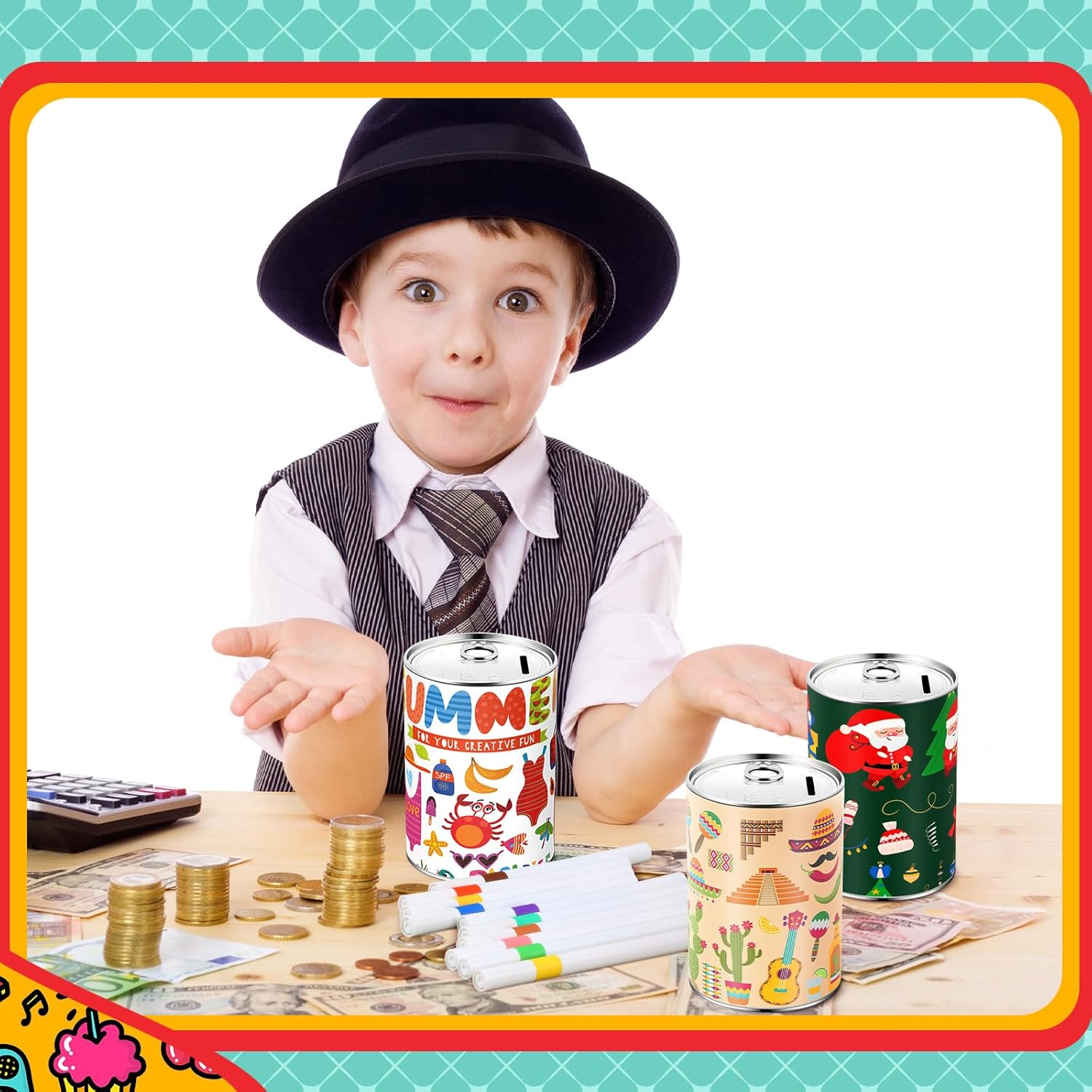 Tandefio DIYコイン貯金箱 メタルマネー貯金箱 アクリルペイントマーカー24本付き クリエイティブなギフト 男の子 女の子 貯金箱  工作キット 鍵付き宝箱 冬休み 男の子 女の子 小学生 低学年 高学年 子供 幼児 大人 子供会