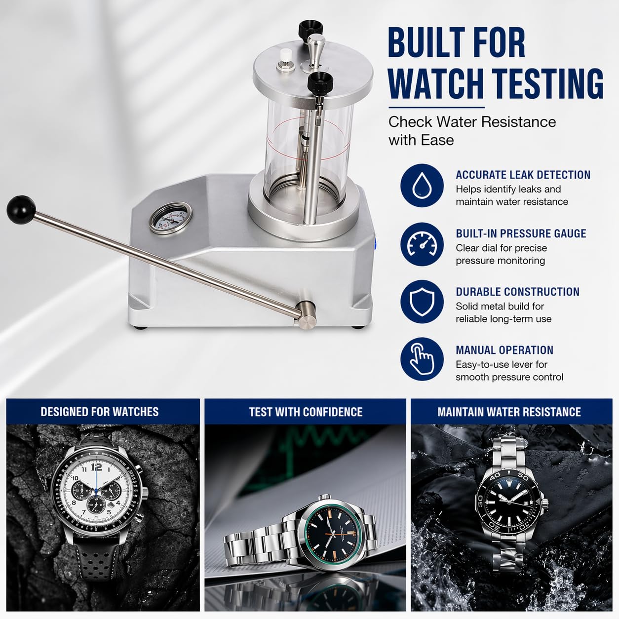 Probador de presión subacuática para reloj, herramienta de comprobación impermeable de 0,3 a 0,6 bar, marco de aluminio, sellos de goma para reloj electrónico de cuarzo mecánico
