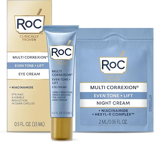 RoC Multi Correxion 5 in 1 Anti-Aging Eye Cream for Puffiness, Under Eye Bags & Dark Circles, Skin Care Treatment with Shea Butter, (.5 oz) with Night Cream Packette (Packaging May Vary)