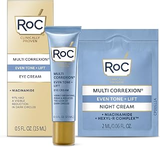 RoC Multi Correxion 5 in 1 Anti-Aging Eye Cream for Puffiness, Under Eye Bags & Dark Circles, Skin Care Treatment with Shea Butter, (.5 oz) with Night Cream Packette (Packaging May Vary)