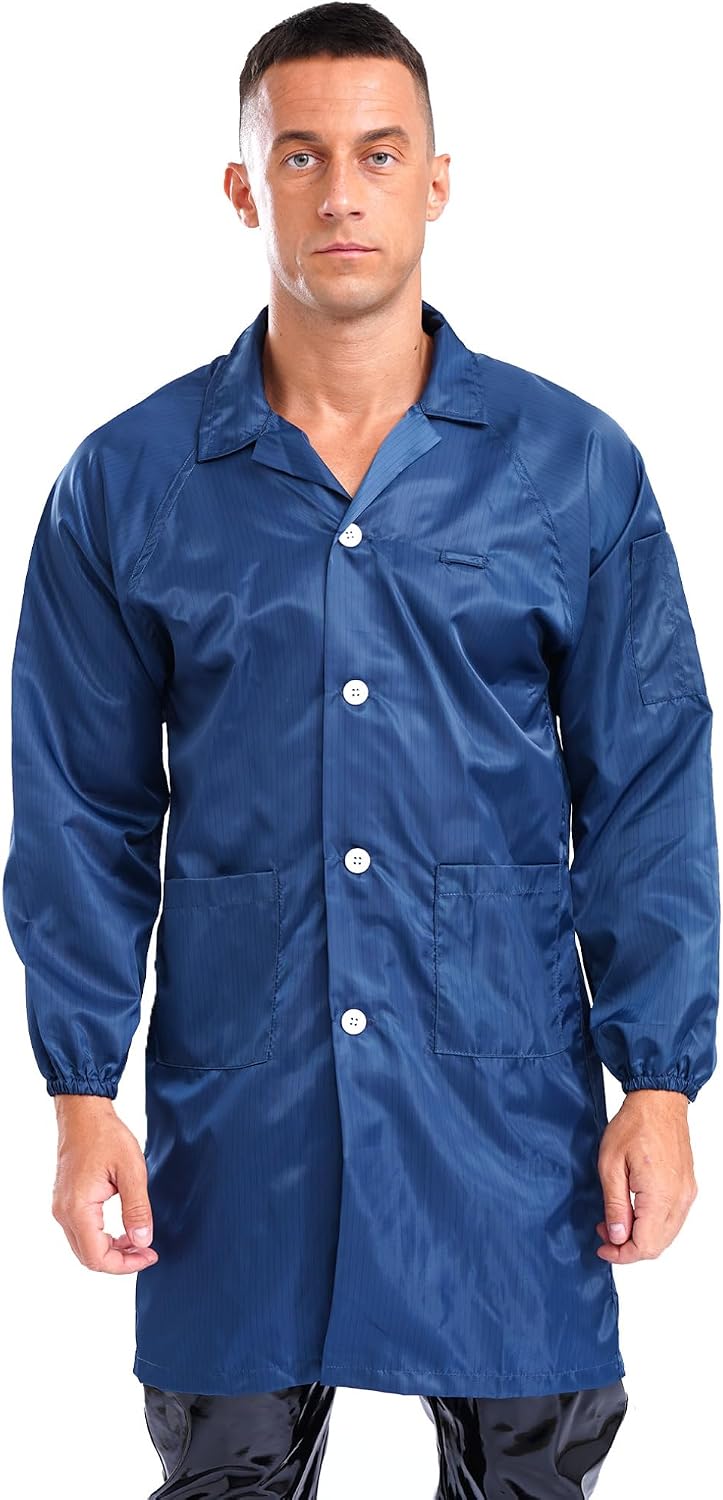 Hularka Men's Anti-static Lapel Collar Lab Coat Button Up Long Sleeve Jacket Workwear Uniform