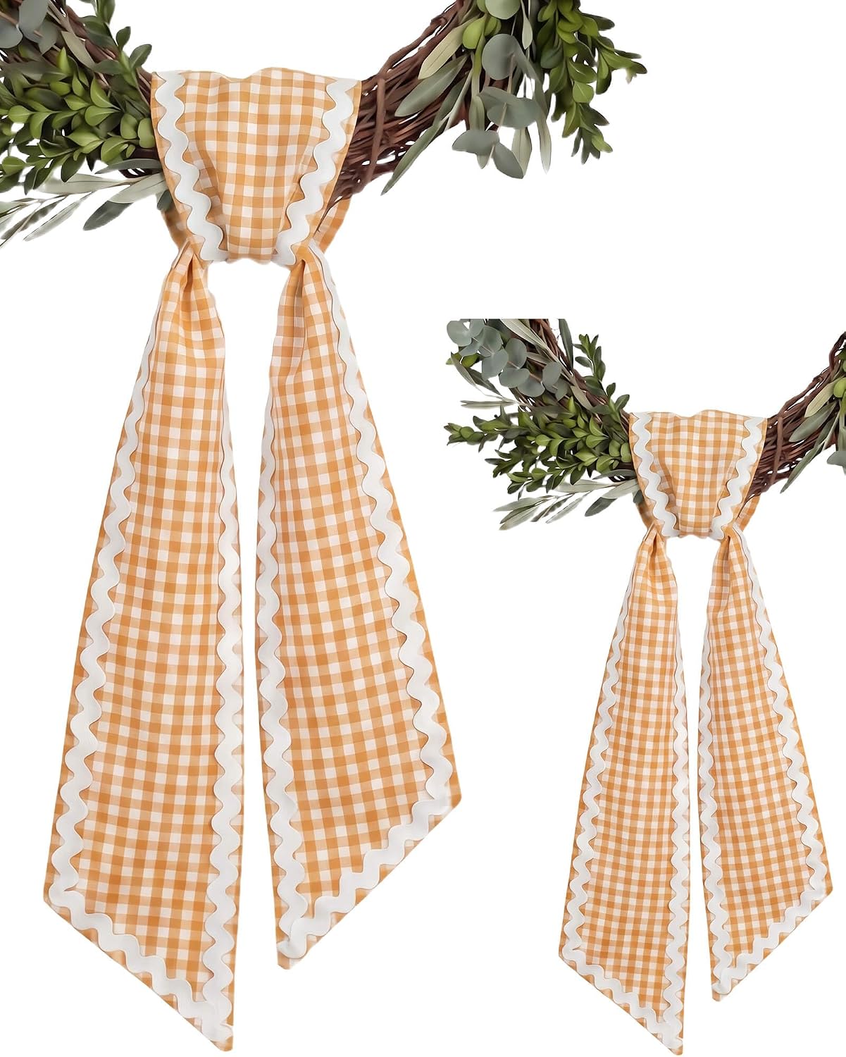 Set of 2 Orange Gingham Wreath Sash for Front Door with Scalloped RIC Rac Trim, 4.5 x 56 Inch Matching Orange Wreath Ribbon Pair for Fall Halloween Thanksgiving Home Decor