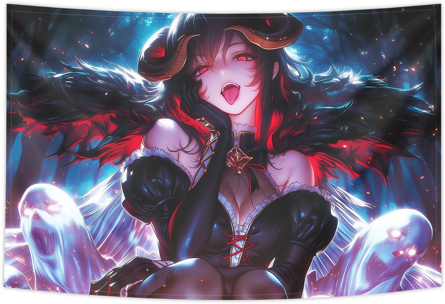 Kubaricasy Dark Horned Demon Anime Girl Wall Tapestry, Gothic Ghost Dark Fantasy Elf Wall Hanging, Succubus Anime Wall Decor Tapestry for Gaming Room, Bedroom & Streamer Backdrop, 200 x 150 cm 80"x60"
