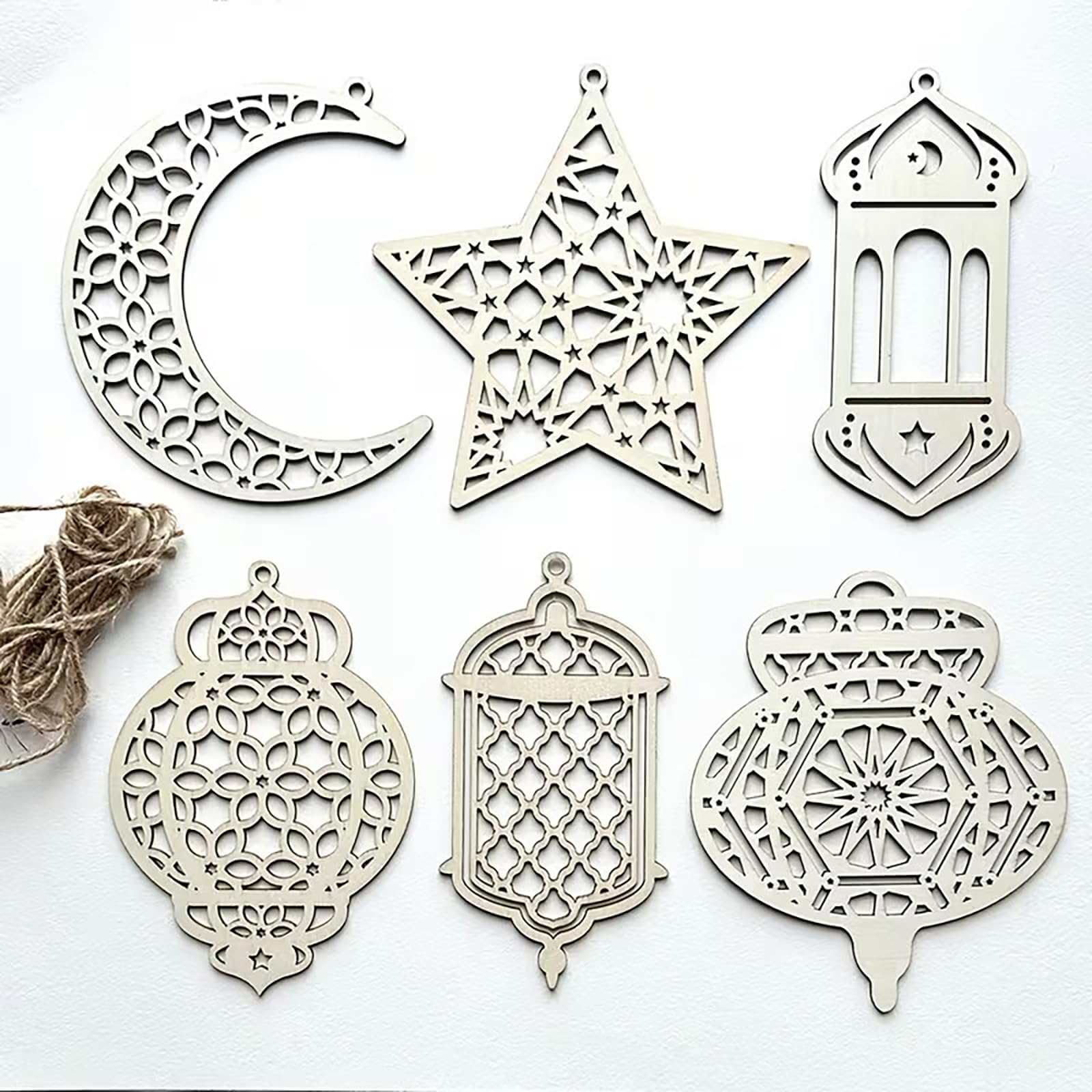 Cliths 6pcs Eid Mubarak Wooden Hanging Decoration Star Moon Ornament for Ramadan Kareem Islamic Home Party 15x 13.9 CM