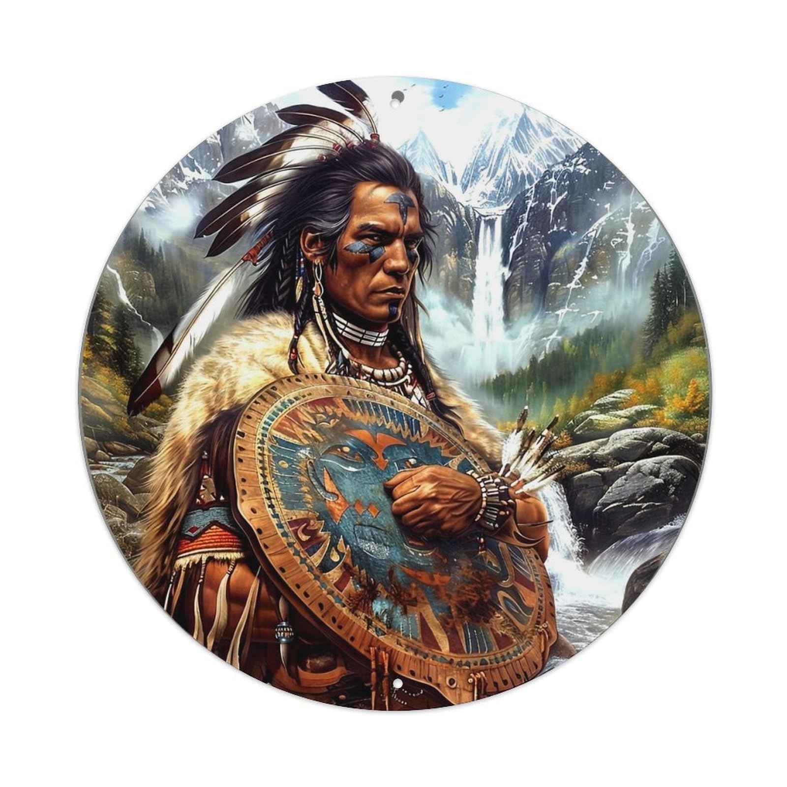 Jdyansheng Vintage Native American Warrior Shield Design Tin Sign Metal Poster Metal Signs For Home Man Cave Bar Cafe Kitchen Laundry Room Wall Decorations 8X8 Inches