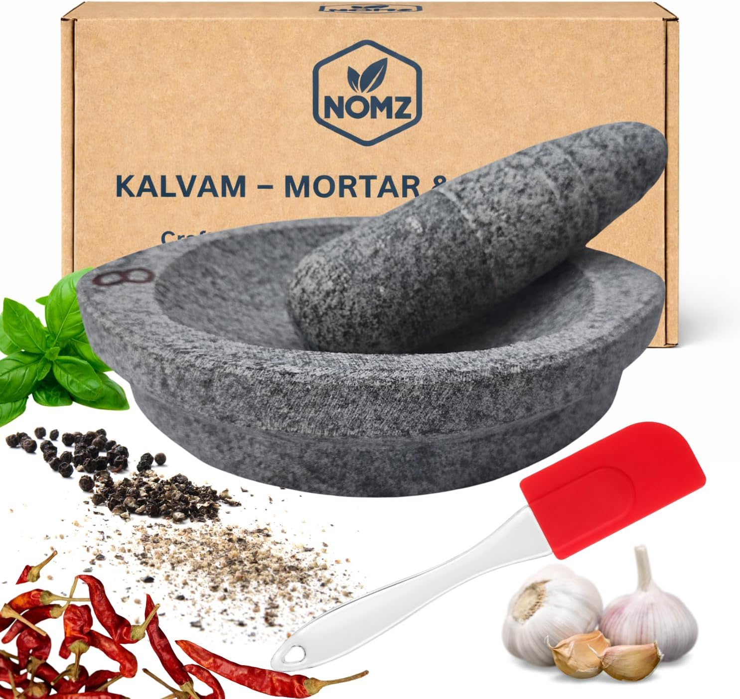NOMZ Stone Mortar and Pestle Set (Kalvam) 8 Inch Boat Shape, 2.8 Kg, 1 Cup | Handmade Silbatta for Chutney and Masala | Heavy Duty Khalbatta with Anti-Skid Base