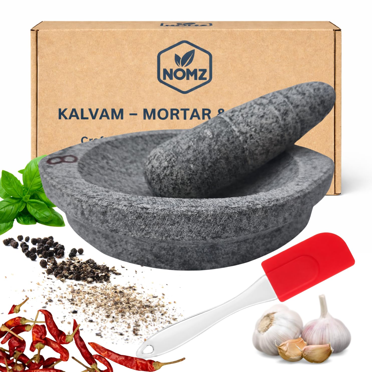 NOMZ Stone Mortar and Pestle Set (Kalvam) 8 Inch Boat Shape, 2.8 Kg, 1 Cup | Handmade Silbatta for Chutney and Masala | Heavy Duty Khalbatta with Anti-Skid Base discount deal