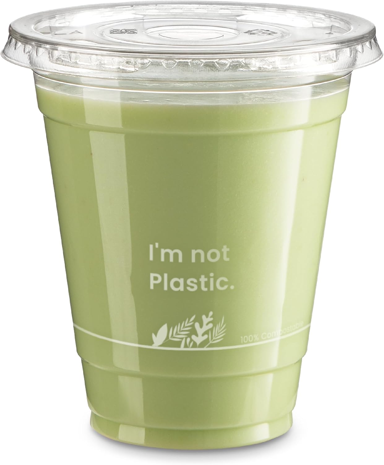 [50 Pack] 12 oz Compostable Clear Cups with Flat Lids