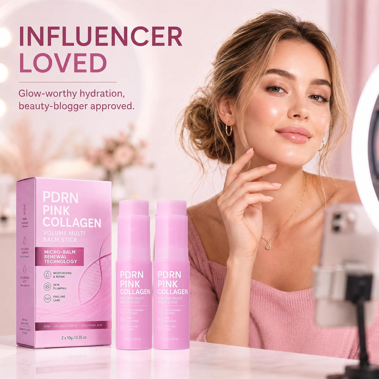 PDRN Pink Collagen Volume Multi Balm Stick 2 Pack, for Face & Neck