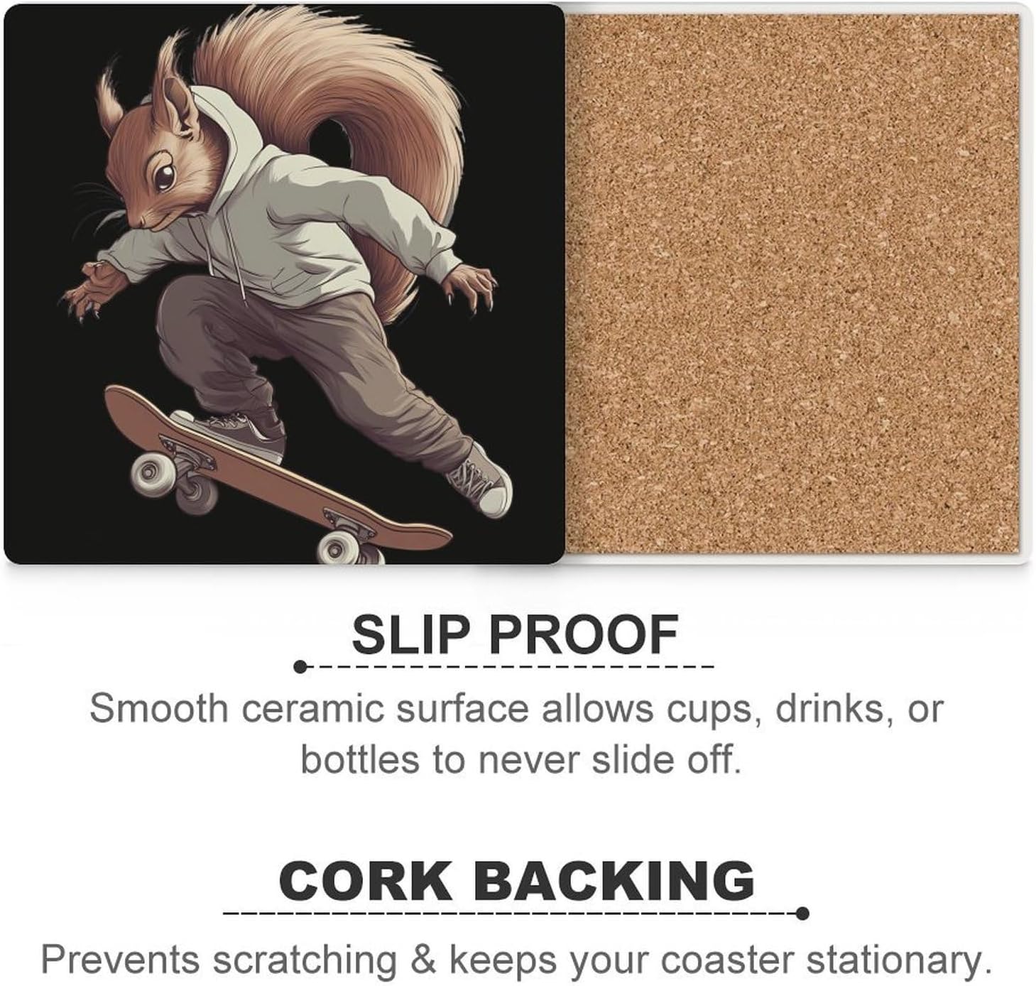 Funny Squirrel Skateboard Skater Ceramic Coasters Set Square Drink Coasters Table Coaster for Kitchen Desktop Decor