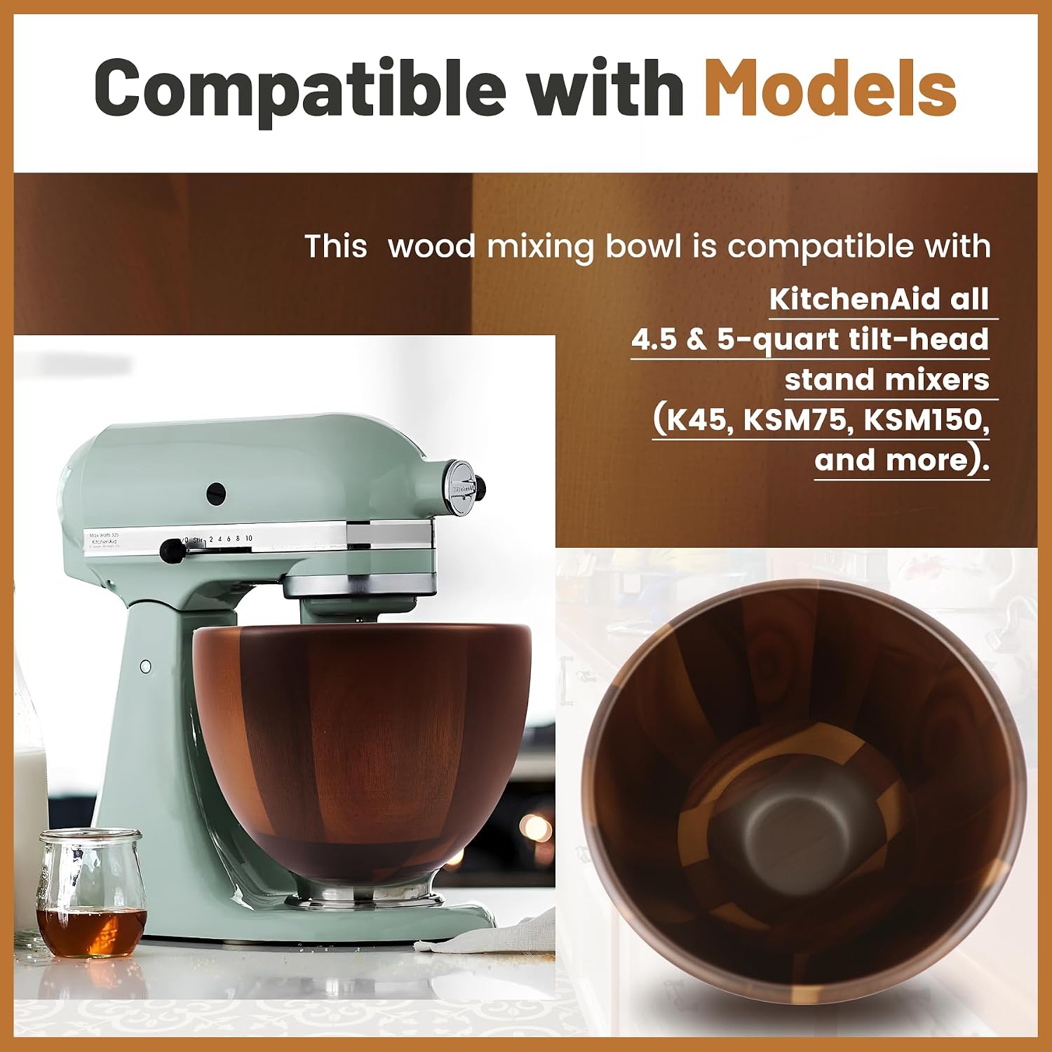 Premium Wood Mixing Bowl, Natural True Wooden Bowls Compatible with KitchenAid 4.5 & 5 QT Tilt-Head Models, Wooden Bowl for Mixer with Stainless Steel Locking Base, 5QT