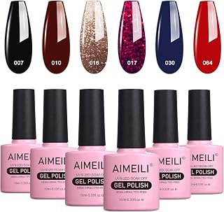 AIMEILI Gel Nail Polish Soak Off U V LED Gel Nail Lacquer, Black Wine Red Blue Glitter Color Gel Set Of 6pcs X 10ml - Kit Set 21