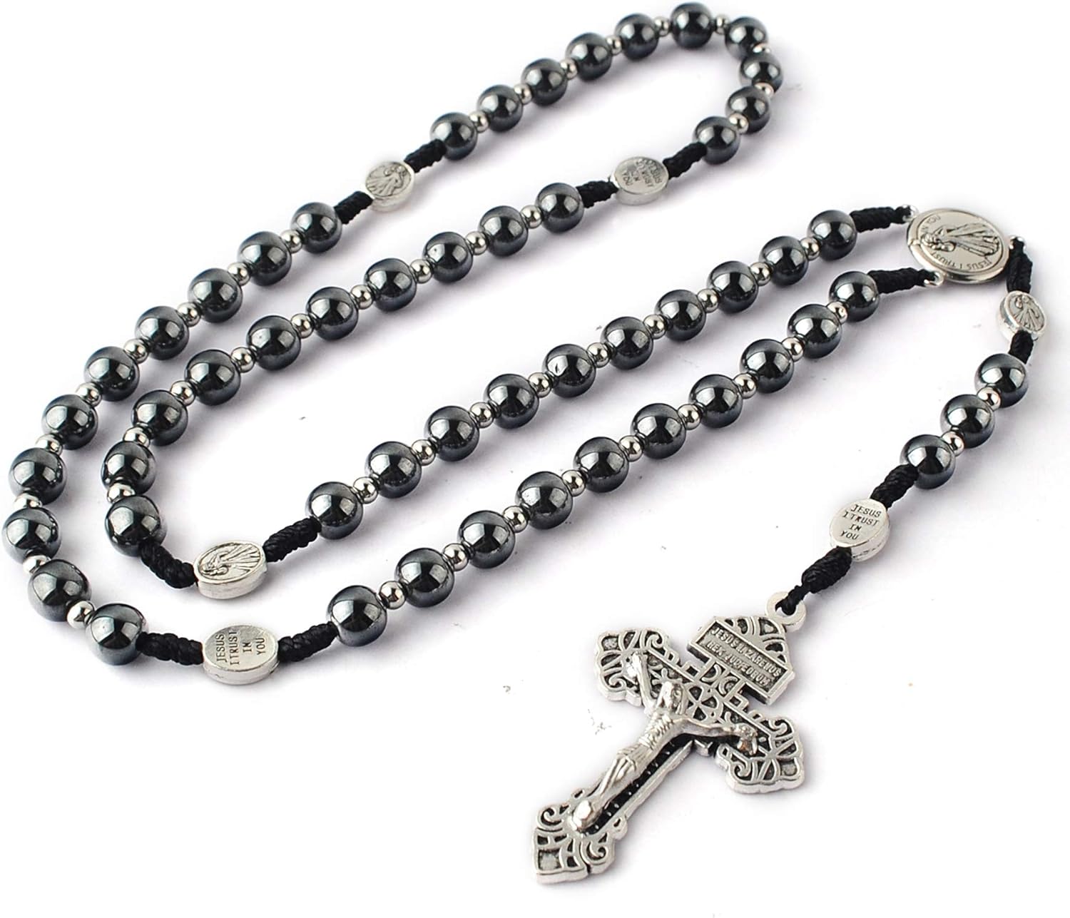 HanlinCC Hematite Rosary Necklace for Men and Women, Black Stone and Stainless Steel Beads, 48cm Length - Image 4