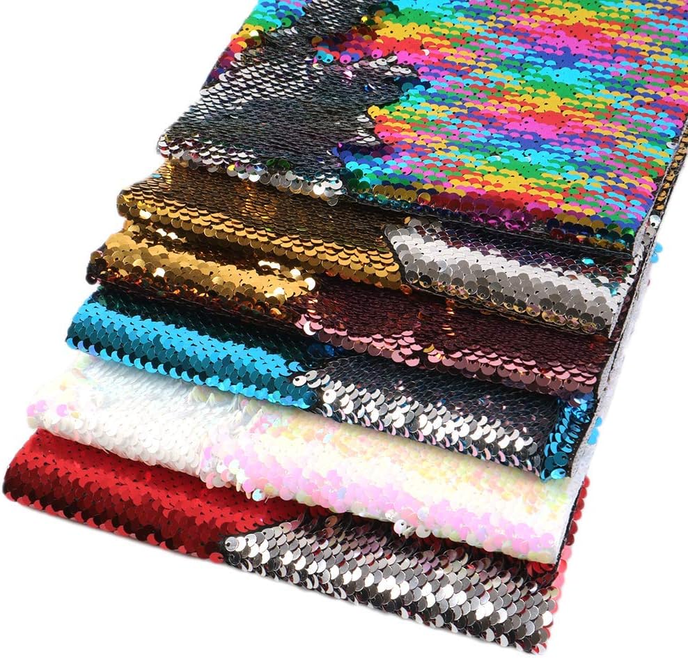 David Angie Mermaid Reversible Fabric Flip Up Sequins Fabric 6 Pcs 7.7" x 12.9" (20 cm x 33 cm) for Hair Bows Headbands DIY Projects (Set A)