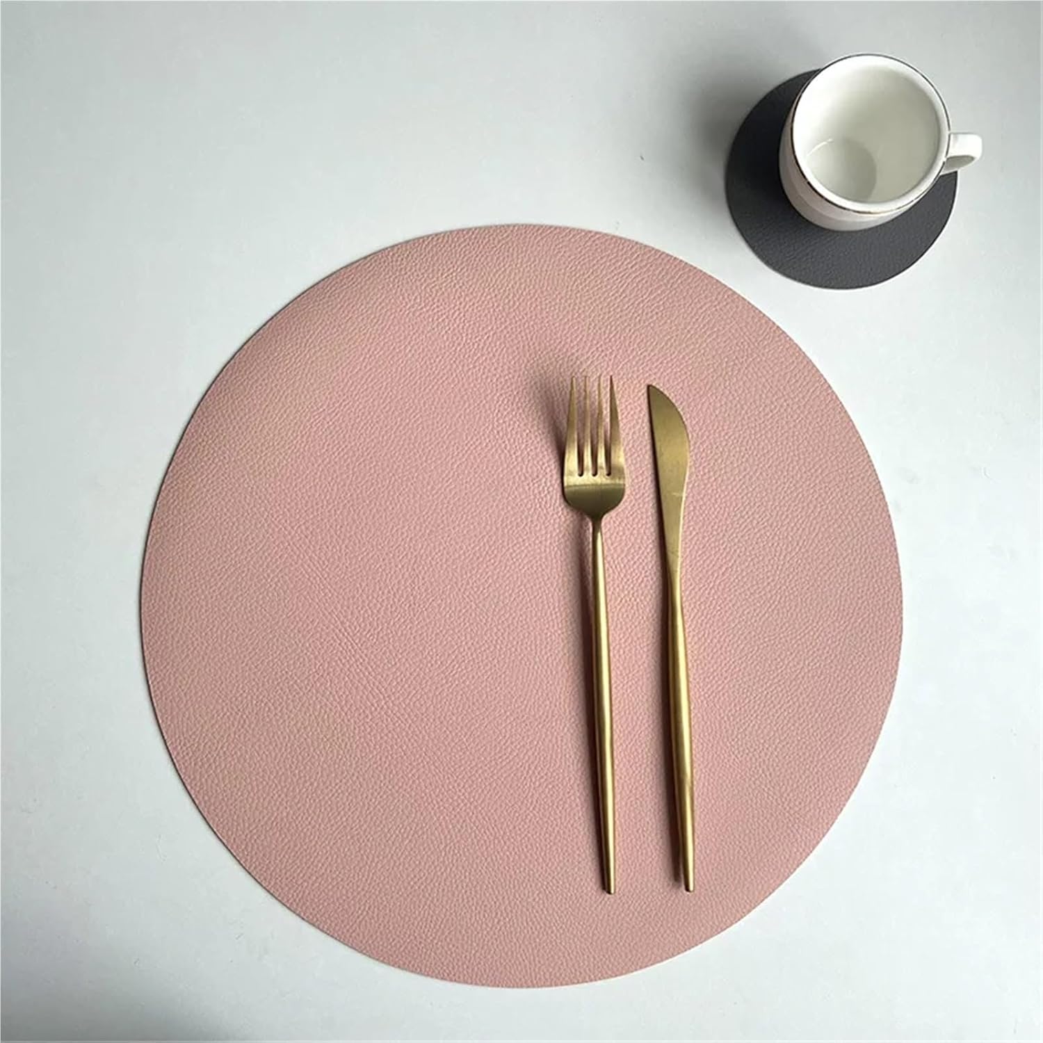 Pink Grey Round PU Leather Placemats & Coaster Set Oil-Proof Waterproof Insulation Mat for Kitchen Coffee Shop Decor(RDS Pink Grey,10sets)
