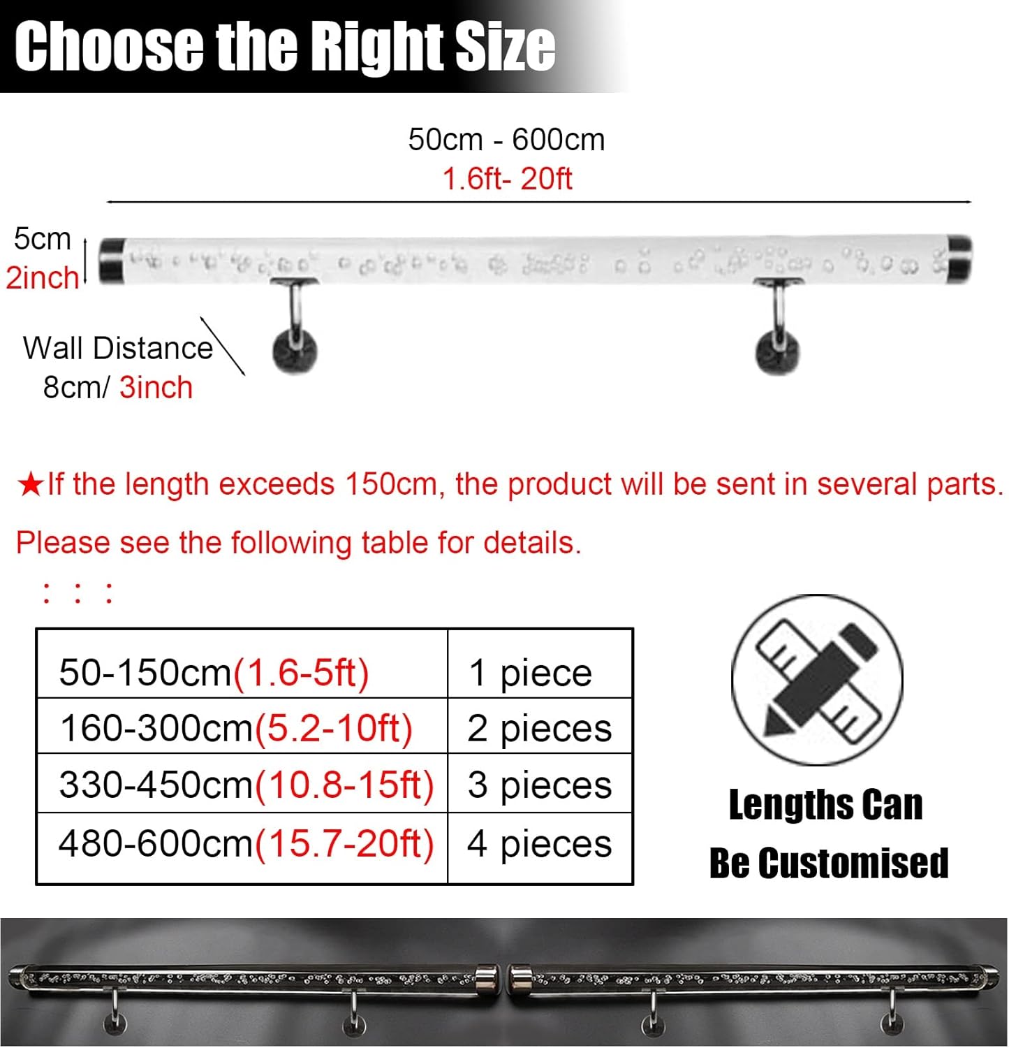 Customizable 1.6ft to 20ft Transparent Acrylic Staircase Handrail - Sturdy Safety Rail for Indoor & Outdoor Use(60cm)