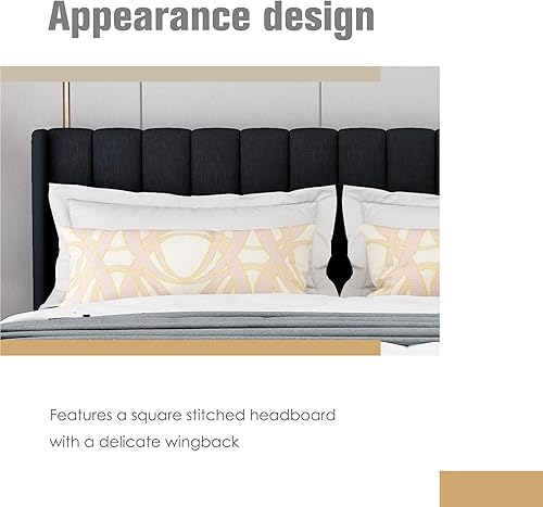 Miniatura 4 de AGARTT Base de cama tapizada tamaño individual con cabecero y estribo, soporte de listones de madera, no necesita somier, fácil montaje, lino negro