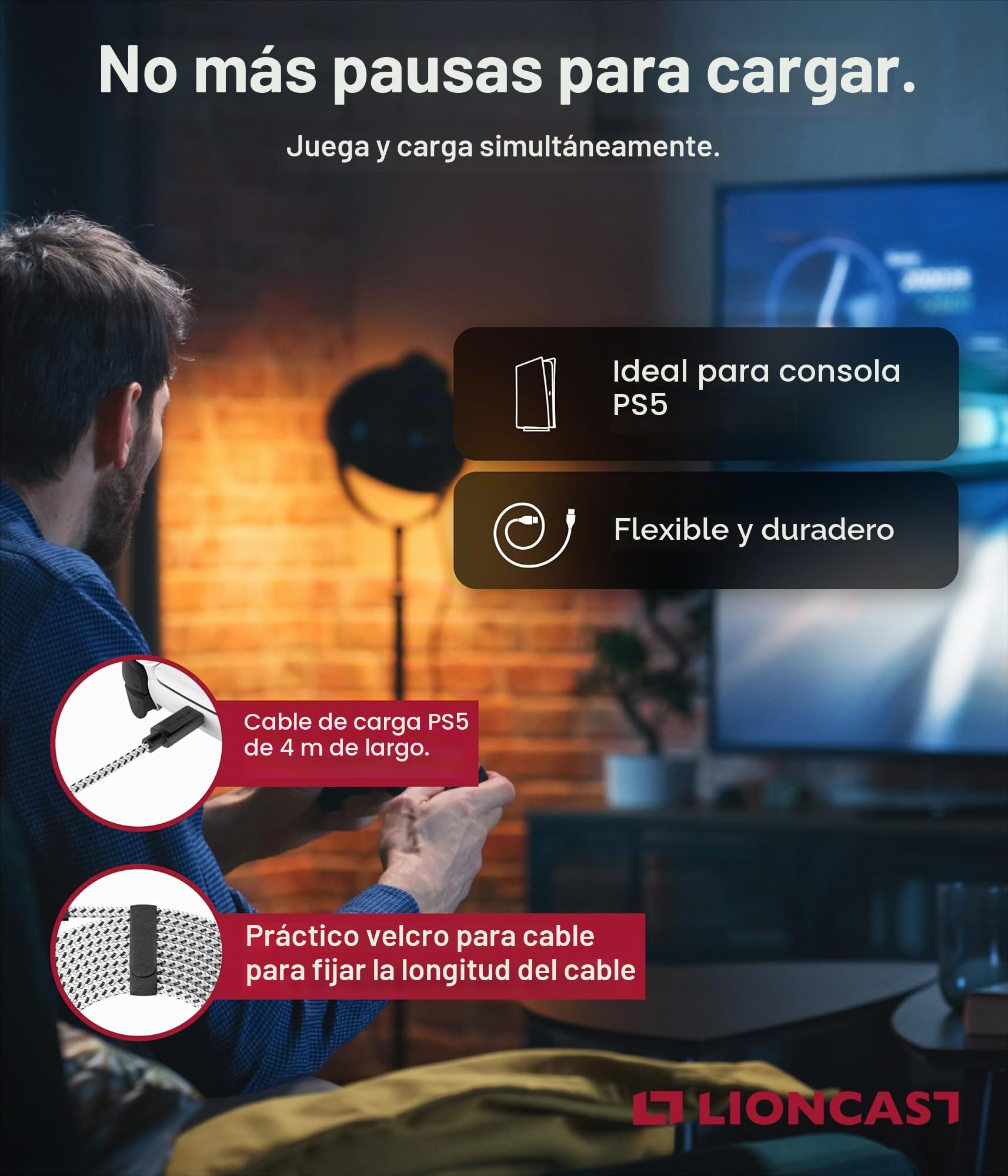 LIONCAST® Cable USB-C (4m) - Cable de Carga para Mando PS5 - Carga Rápida y Transferencia Eficaz - Cable USB Tipo-C Duradero de 4m - Compatible con Xbox One, iPhone 15 y Dispositivos USB-C