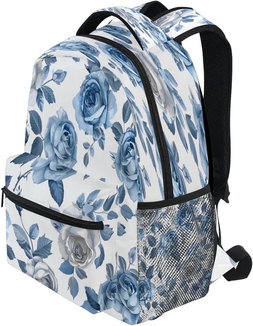 senya Blue White Rose Backpack School Bag Travel Daypack for Boys Girls