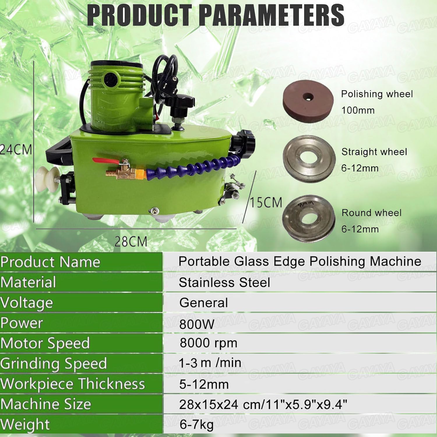 Electric Portable Glass Edger, w/8 Diamond Wheels & 2 Polishing Wheels, 8000r/Min, Straight Round Bevel Edge Trimmer, for Straight Round Bevel Edge Green