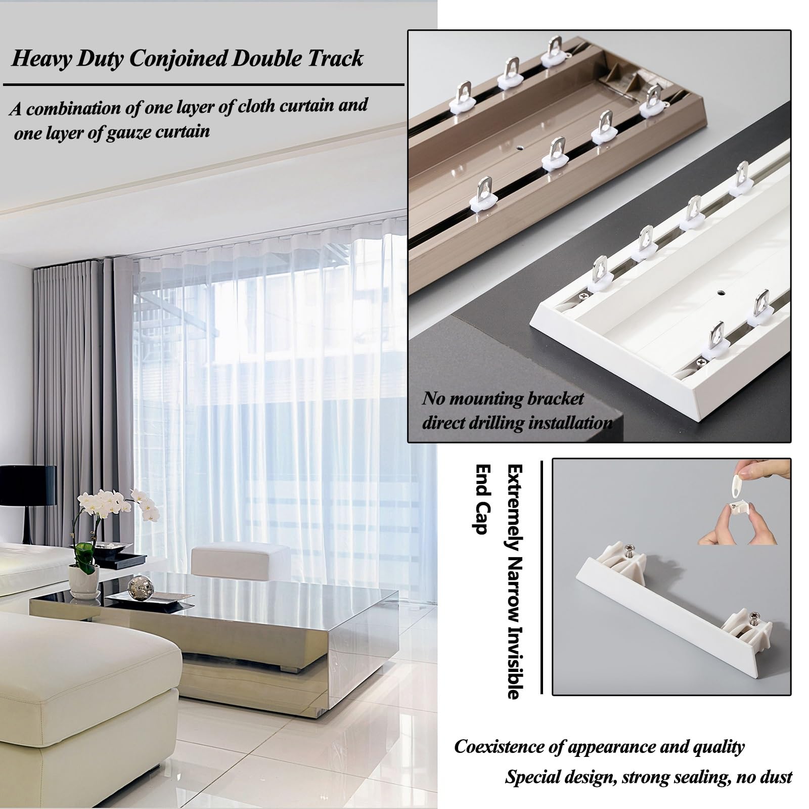 Rail De Rideau Robuste Rail Rideaux Plafond Aluminium Montage Au Plafond À Double Rail Pour Séparateur De Pièce (1-6 M)(Champagne,1m)