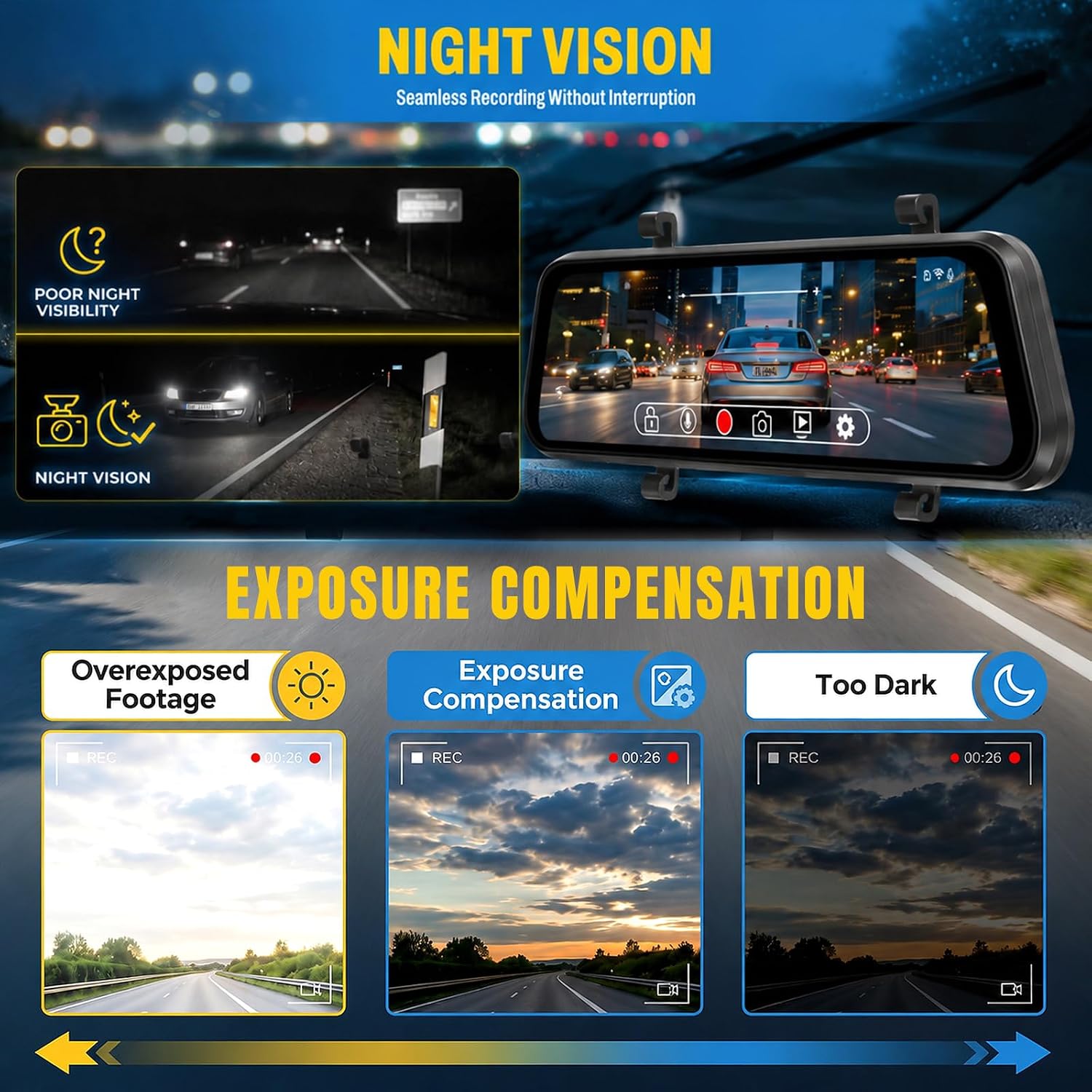 4K Mirror Dash Cam Front and Rear, Rearview Mirror Camera with 1080P Backup Camera, 9.66" IPS Touch Screen, WiFi App Control, G-Sensor, Loop Recording, 150° Front & 120° Rear View 6