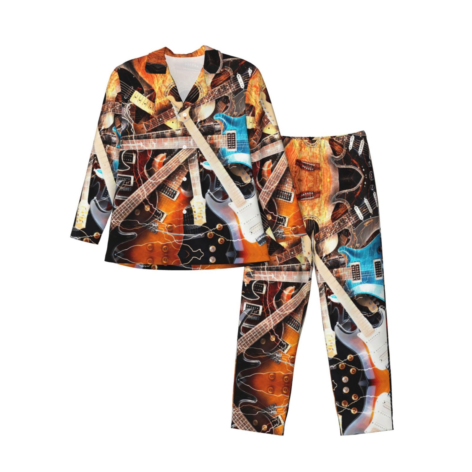 Conjunto de pijama para hombre con estampado de guitarra musical, pijama suave de manga larga con botones y bolsillos