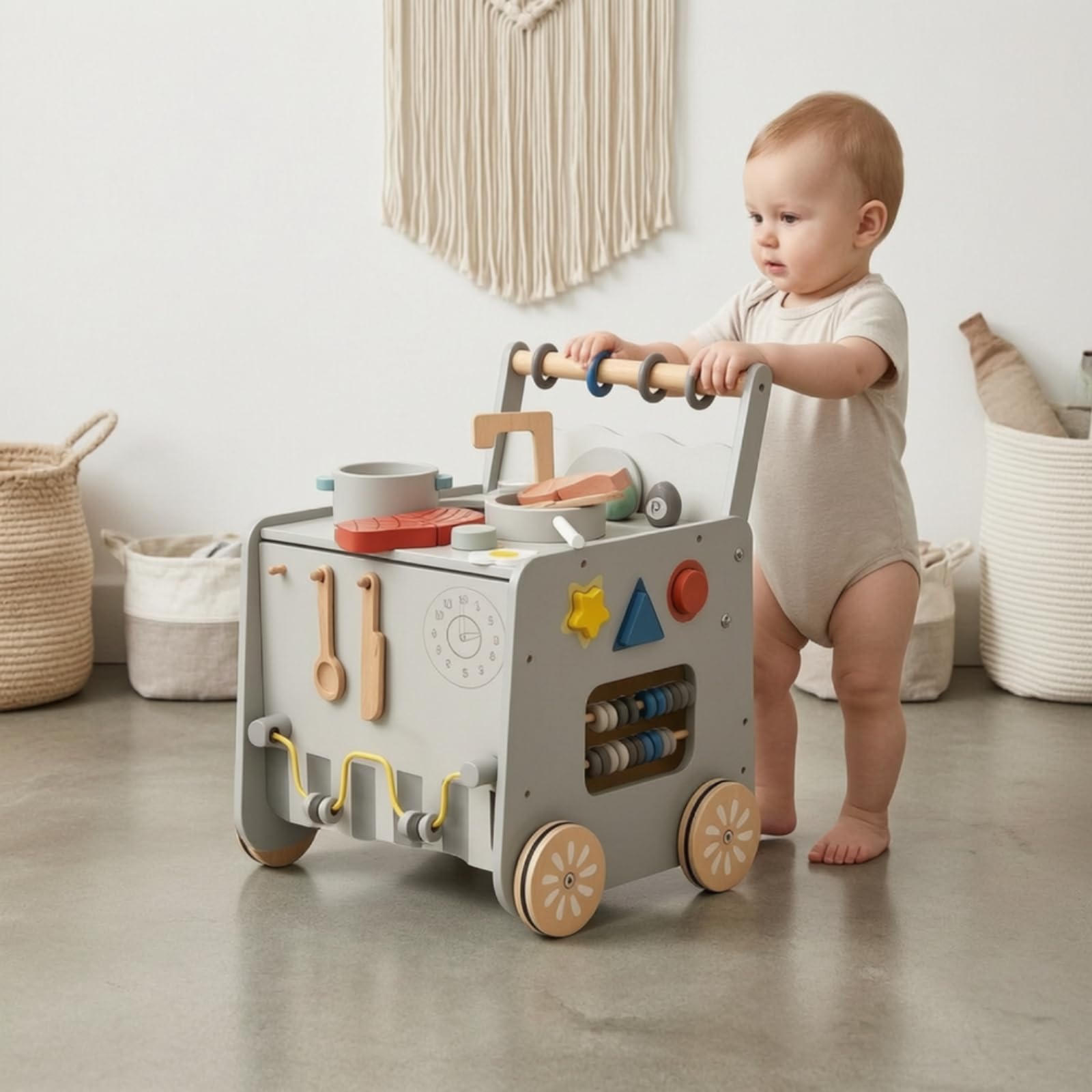 Carrello Educativo Bambini Giocattolo Cucina Carrello Attività Carro Spinta Legno Struttura Equilibrata Ganci Appendi Utensili Laterali