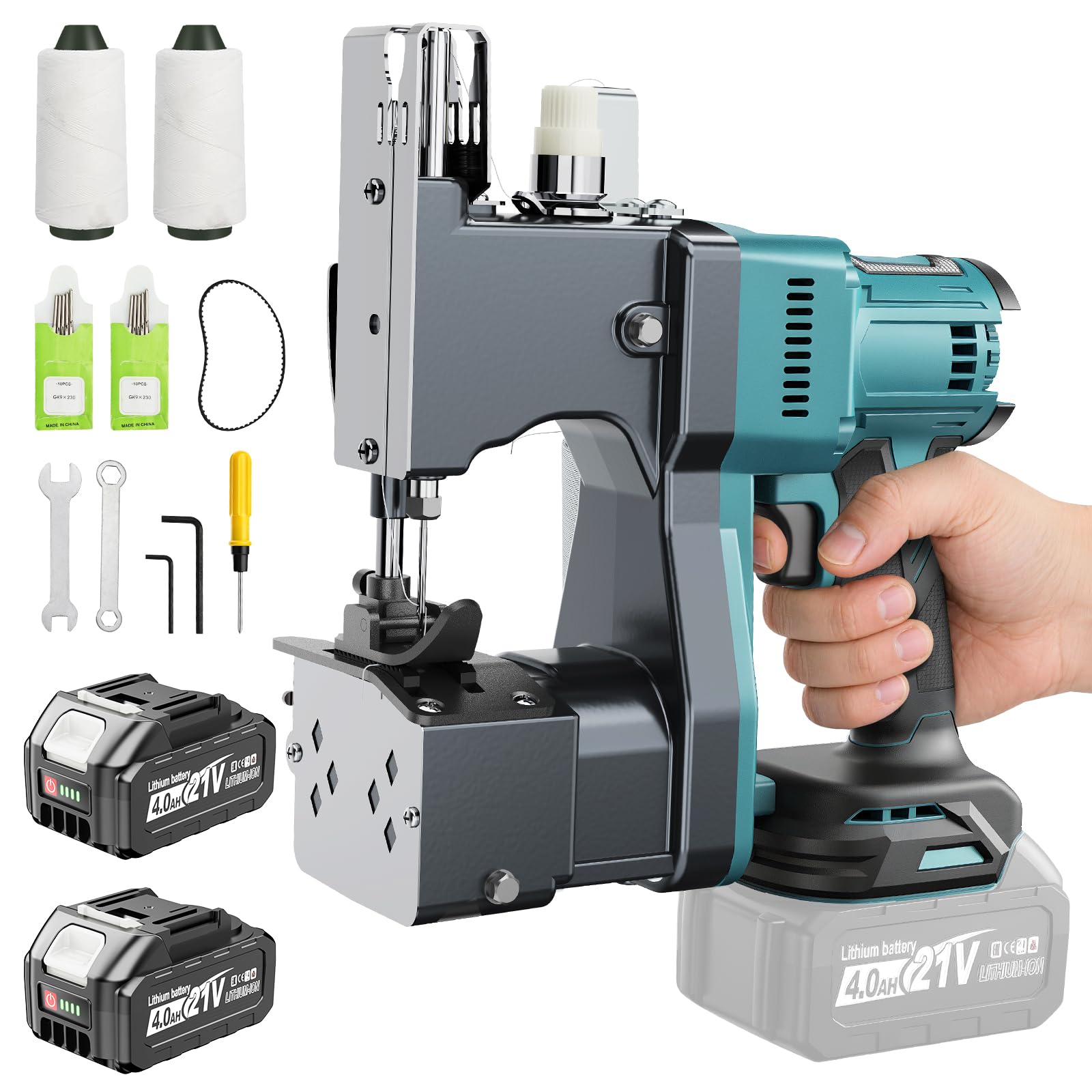 Yofuly Elektrische Sacknähmaschine Kompatibel mit Makita 18V Akku, Tragbare Nähmaschine mit 2 * 4.0Ah Akku, Nähstärke 0.1–10mm mit Automatischem, Handnähmaschine für Sandsack,Gewebesack,Getreidesack