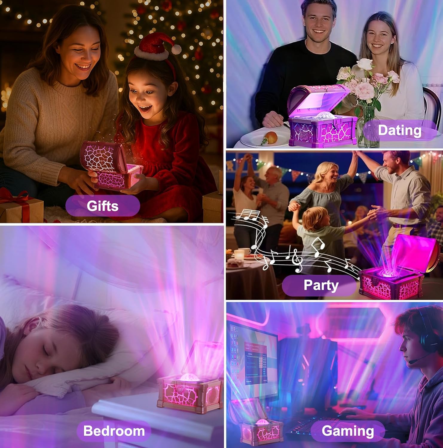 Treasure Box Northern Lights Projector, Galaxy Aurora Night Light Projector with 8 Colors, White Noises, Timer & Remote Control, Ceiling Projection Ambient Lighting for Bedroom Gaming Room Gifts, Pink