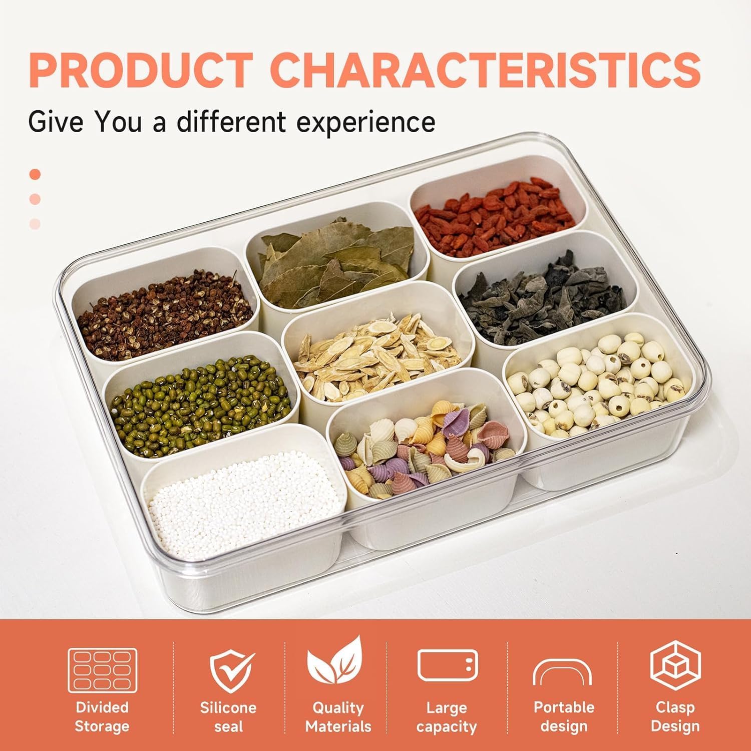 Portable Snackle Box Container, 9 Detachable Compartments Food Preservation Case，Divided Snack Tray with Lid and Handle，Portable Picnic Parties Fruit Tray，Kitchen Clear Snackle Box Candy Organizer