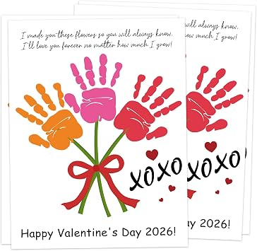 XOXO Valentines Flower Handprint DIY Crafts for Class Valentines, 10 Funny Valentine Cards Bulk, Valentine Party Activity for Preschool, Personalized Gifts for Mom, Grandma