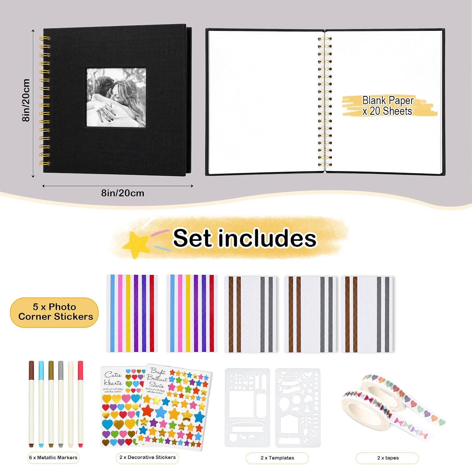 Cvochtty Scrapbook Album 40 Pages with DIY Kits, Craft Paper Photo Album, Black Linen Cover Scrapbooking for 2x3 3x5 4x6 5x7 Pictures, Memory Book for Wedding Baby Family Birthday