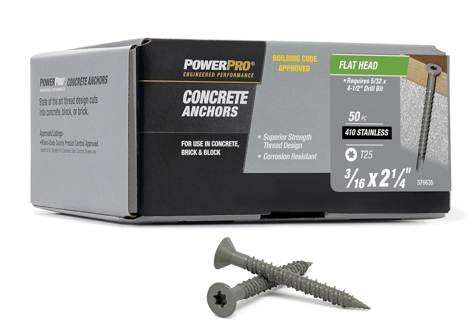 Power Pro Concrete Screw Anchors #410 Stainless Flat (3/16" x 2-1/4") 100-Piece