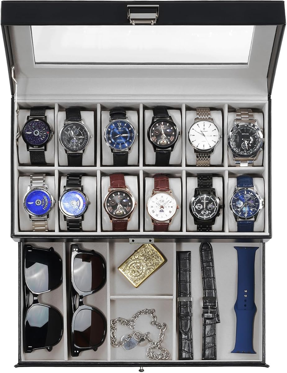 Caja de reloj ProCase, caja de reloj de 12 ranuras para hombre con cajón, negra | Estuche de exhibición de relojes de 2 capas con tapa de vidrio, organizador de almacenamiento de cajas de joyas para hombre, regalo de cumpleaños de Navidad de aniversario
