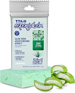 T.Taio Esponjabon Aloe Vera Soap Sponge - Gentle Shower Scrubber - Cleaning Bath Wash Scrub - Dirt & Oil Removal - Massage & Lather Foot, Elbow, & Face - Bathroom Accessories - Fresh Aloe Vera Scent