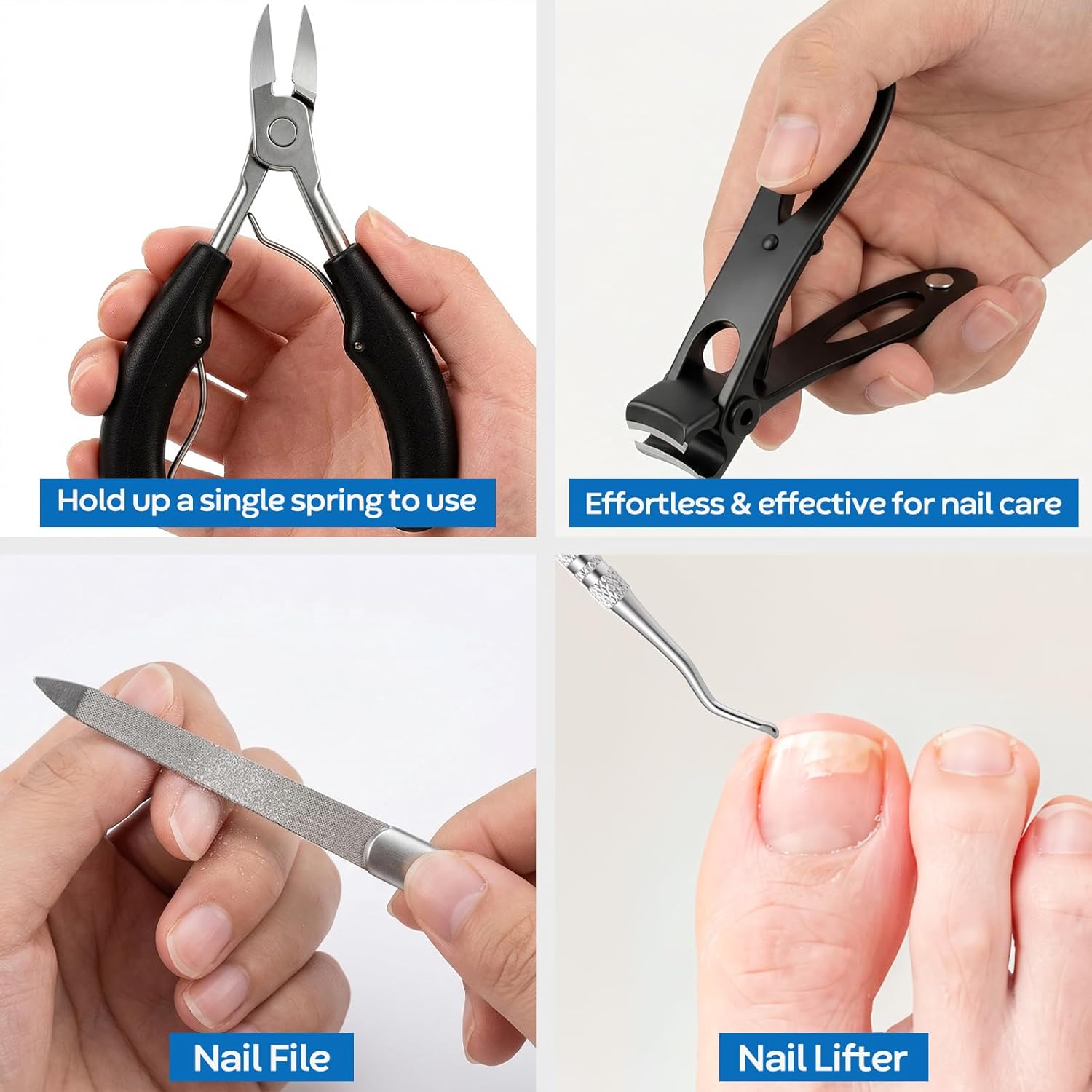 Toenail Clippers for Thick Nails for Seniors, 5Pcs Ingrown Toenail Removal Kit, Angled Head Large Toenails Clippers for Men, Heavy Duty Nail Clipper, Slanted Nail Clipper with Long Handle (Black)