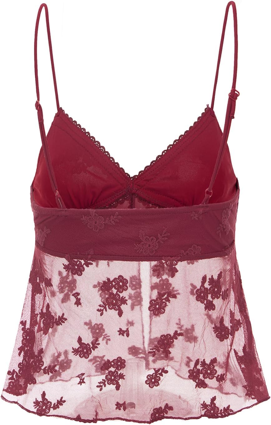 Women Split Front Lace Cami Tops Mesh Floral Print Spaghetti Strap Tank Tops Slim Fit Sexy See Through Crop Top - Image 7