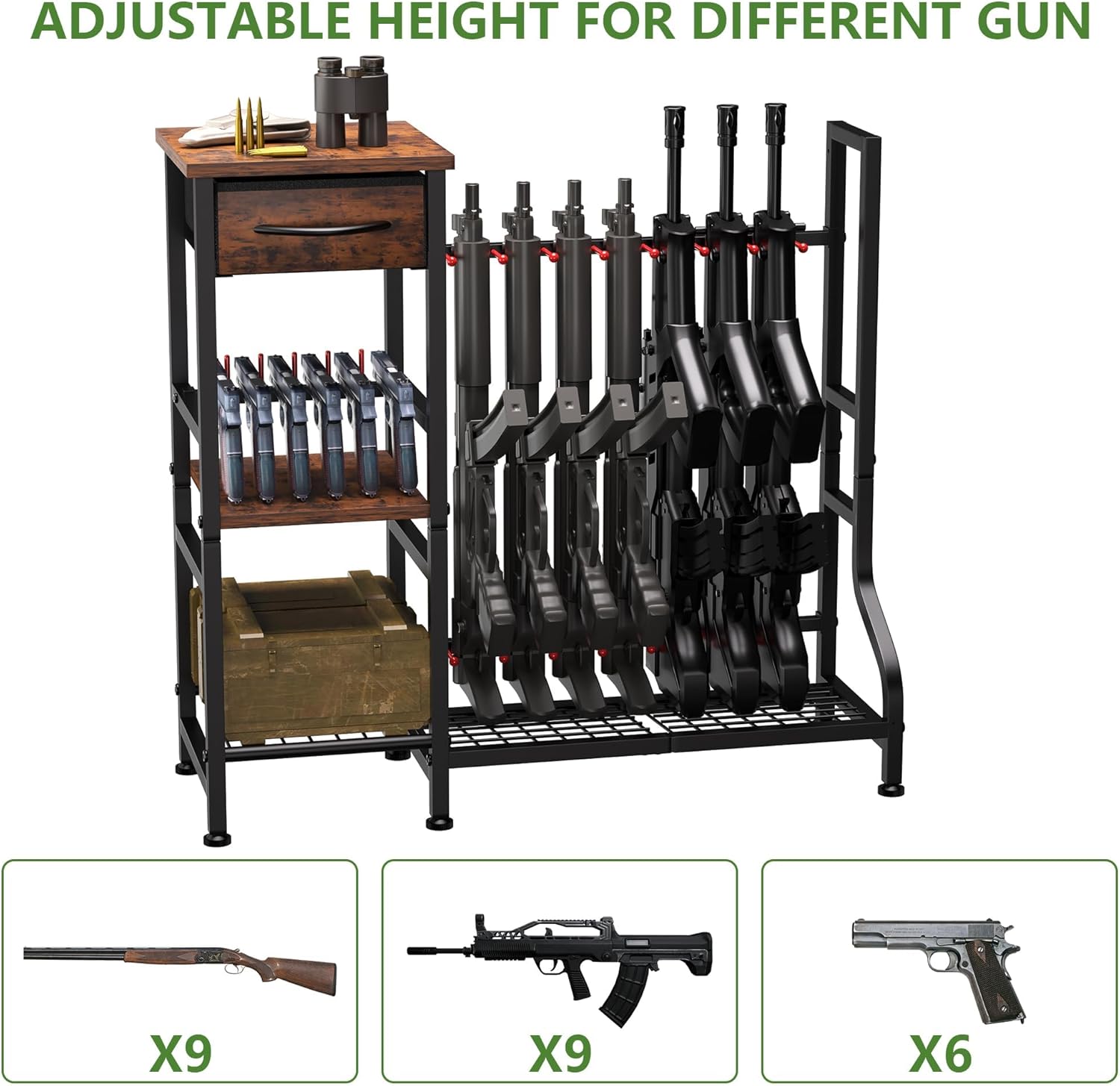 YOHKOH Gun Rack for Heavy-Duty Gun Storage with 9 Open Slots and 6 Pistol Holders, Includes Wood Shelf and Drawer, Black Finish with Reinforced Carbon-Steel, Freestanding for Indoor Home Garage Use