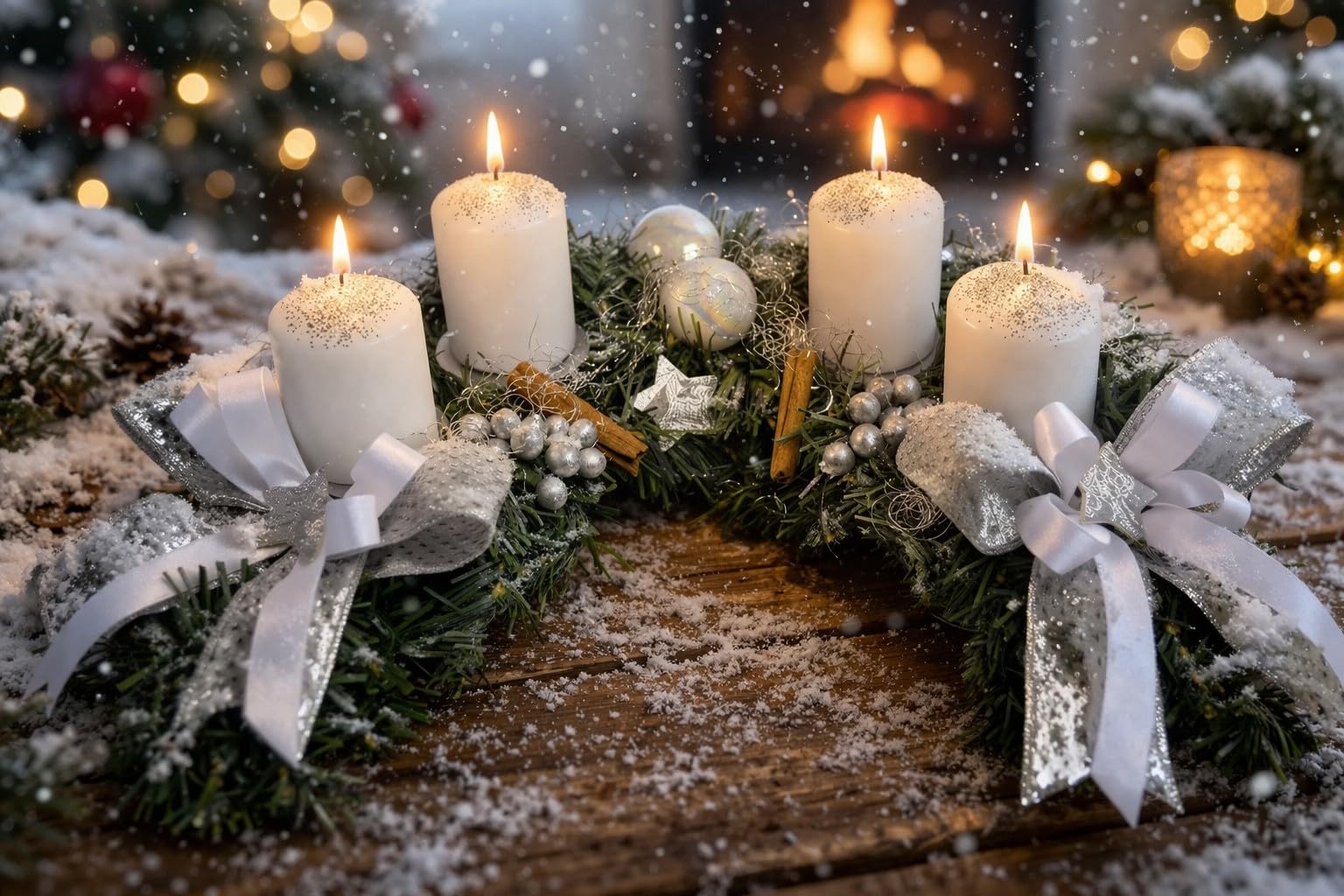 Adventskranz Halbmond künstlich Silber weiß Weihnachten Advent Gesteck