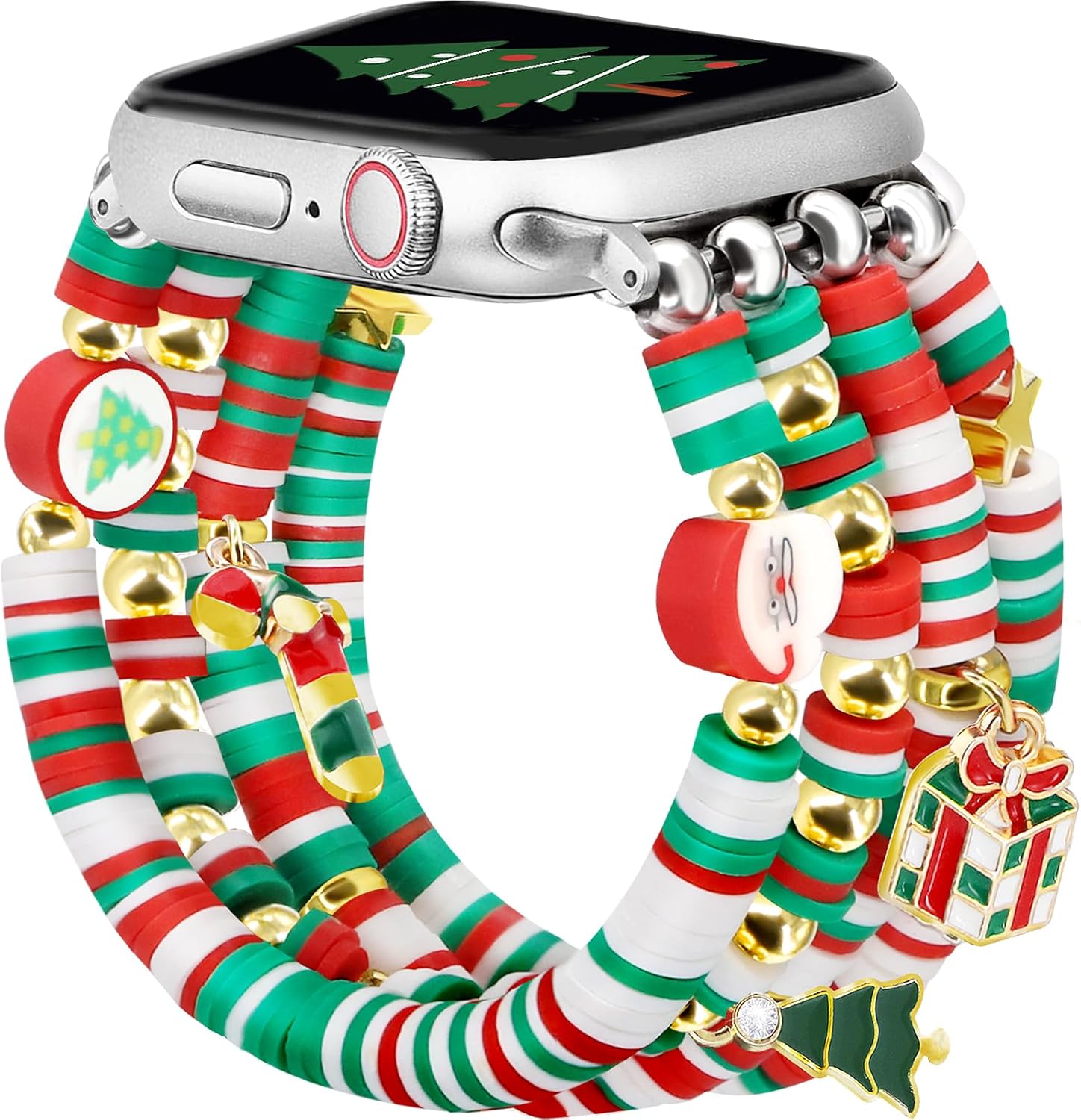 Christmas Beaded Bracelet Band Women Compatible with Apple Watch 42mm(S3/2/1) 44/45/46/49mm Cute Preppy Handmade Elastic Stretch Strap for iWatch Series 11/10/9/8/7/6/5/4/3/2/1/SE/Ultra (M)