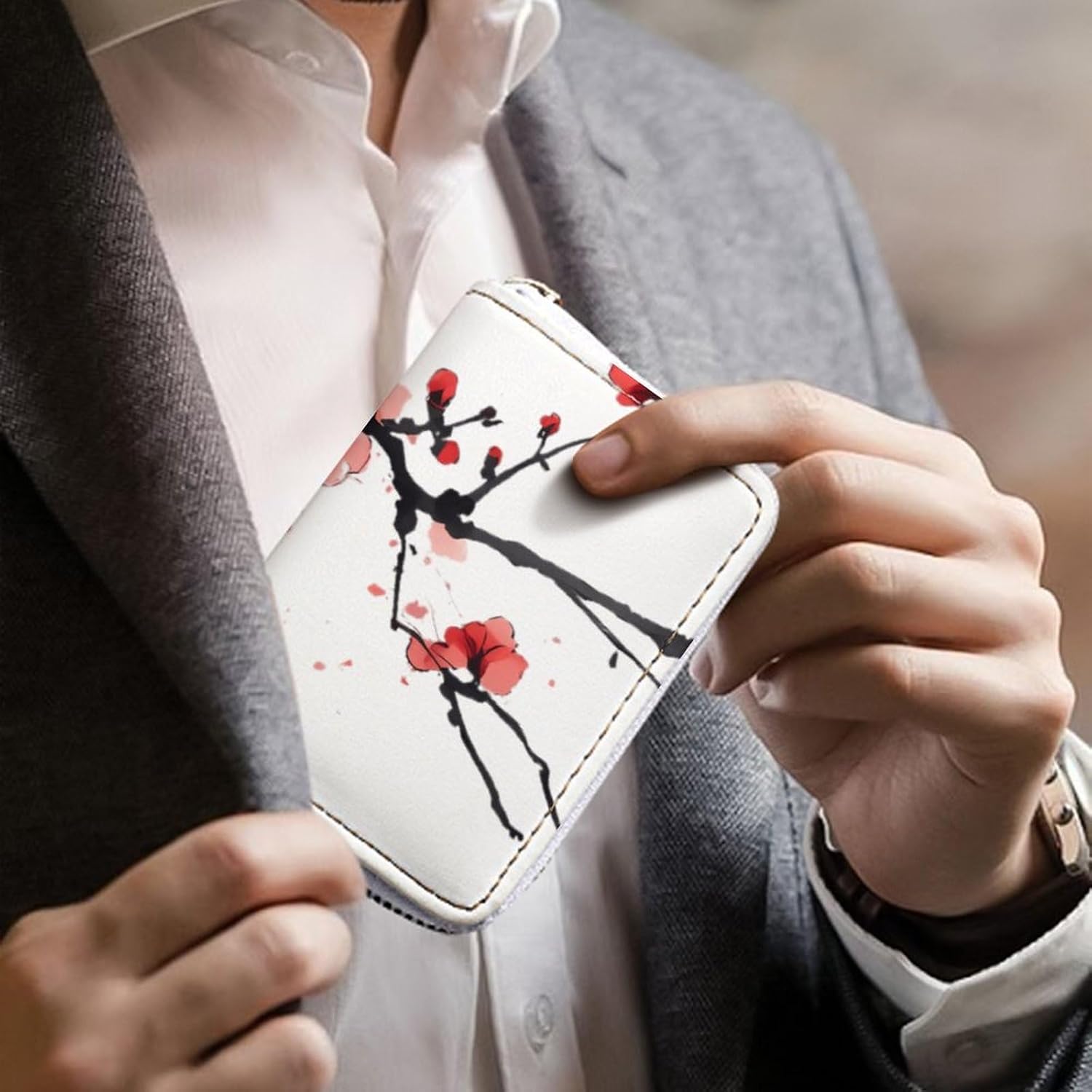 Red Blossoming Flowers Cherries Small Business Credit Card Holder Wallet with 20 Card Slots Case Coin Purse Pouch