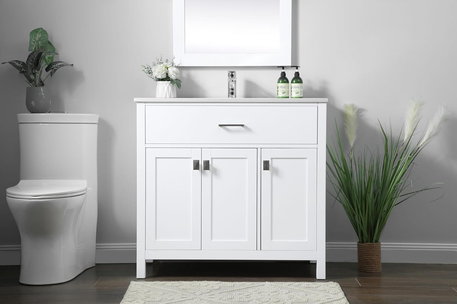 36 Single Bathroom Vanity, with Engineered Marble Top Soft-Close, White