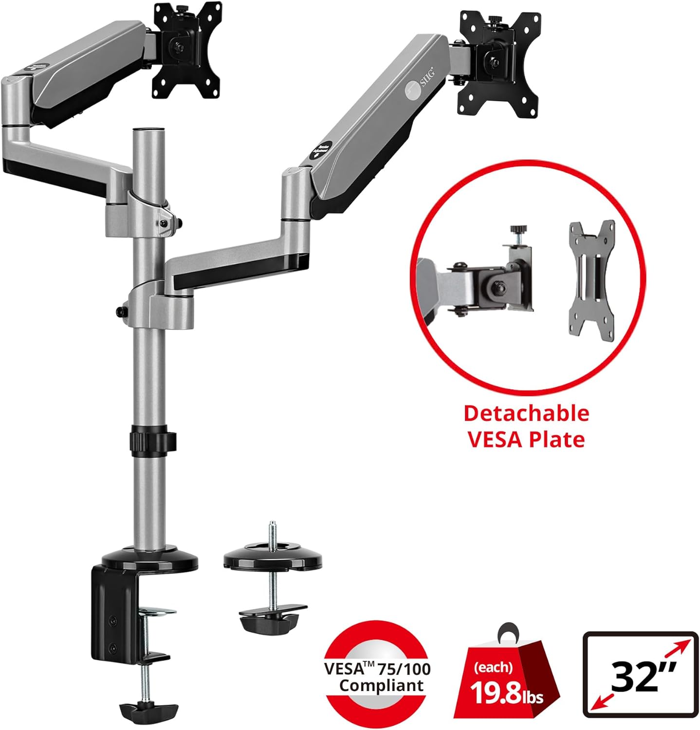 SIIG Dual Monitor Arm Desk Mount with Gas Spring, Holds Two 17"-32" Screens, Up to 19.8lbs Each, Fully Adjustable, VESA 75/100mm, C-Clamp/Grommet, Cable Management, (CE-MT3R11-S1)
